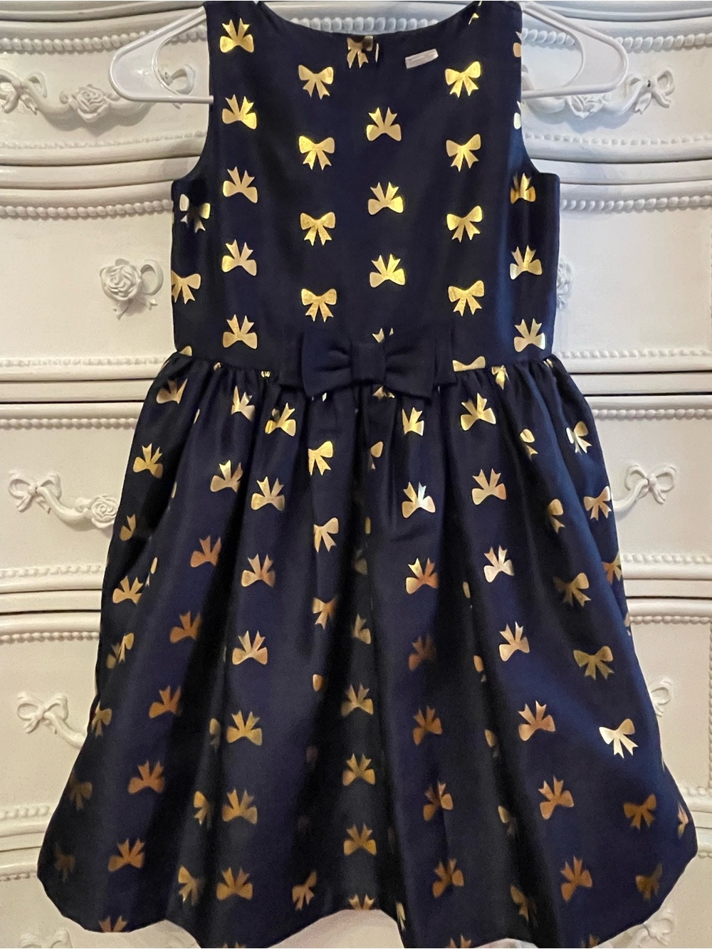 Size 7 GYMBOREE Girls Navy Bow-Print Party Dress with Metallic Gold Accents